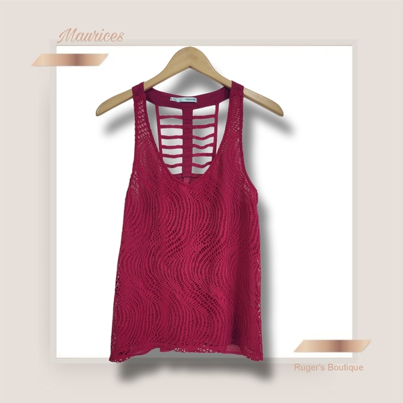 🌿Maurices Women's Medium Burgundy Lace Brocade Racerback Lattice Sleeveless Top - Picture 3 of 12
